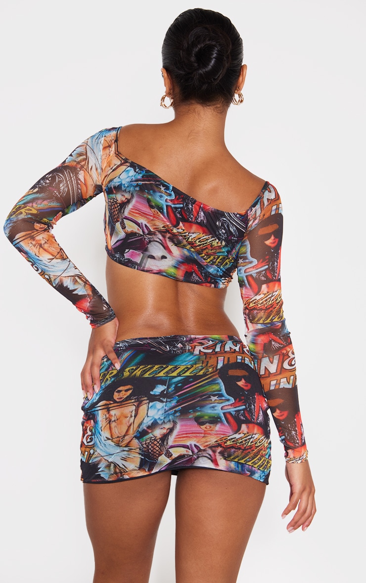 Multi Print Mesh Curved Hem Long Sleeve Crop Top image 2