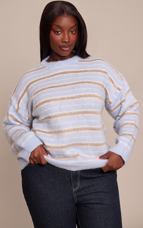 Plus Pull en maille tricot brossée marron à rayures