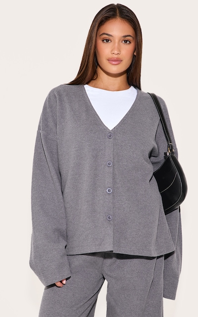 Charcoal Heavy Brushed Rib V Neck Button Up Cardigan