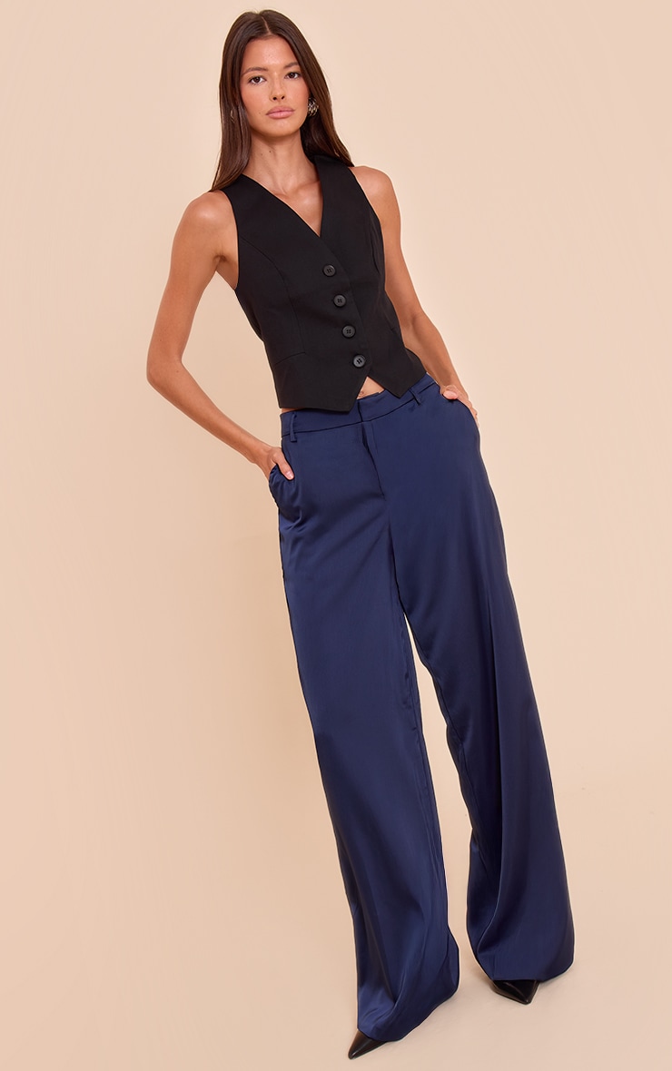 Navy Satin Tailored Detail Wide Leg Pants image 1