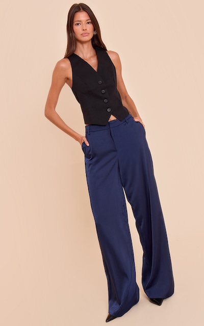 Navy Satin Tailored Detail Wide Leg Pants