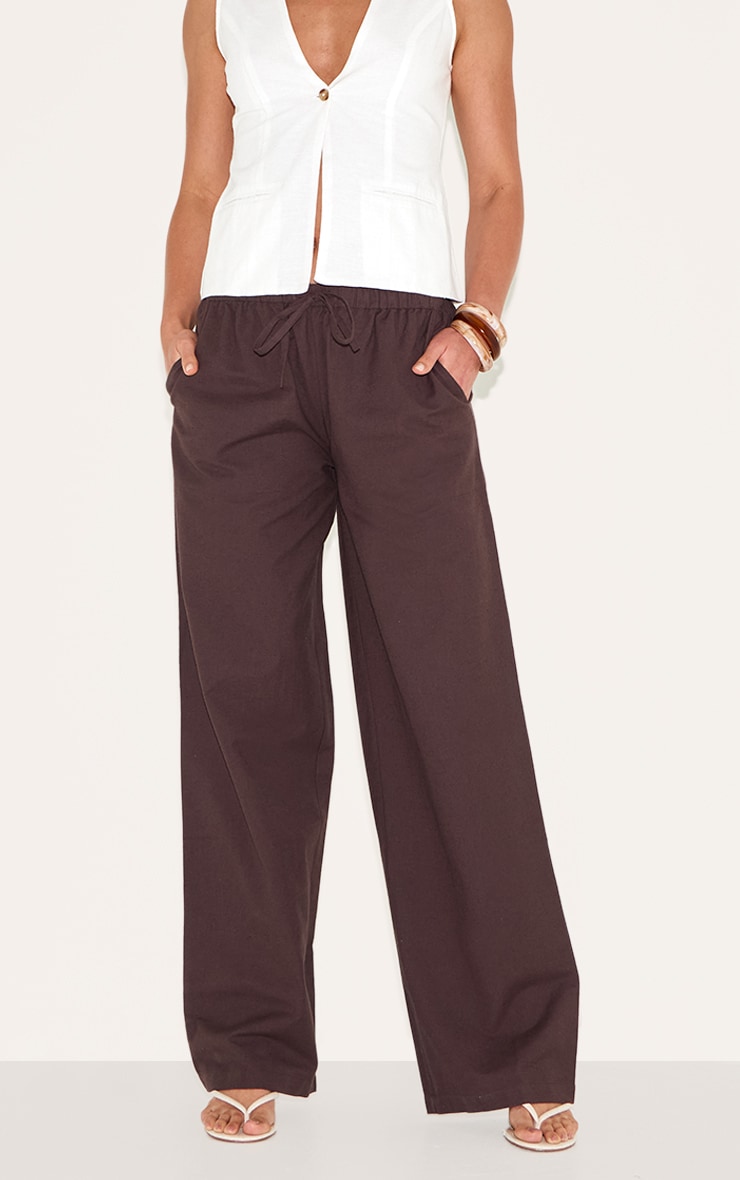 Tall Chocolate Linen Drawstring Waist Pants image 2