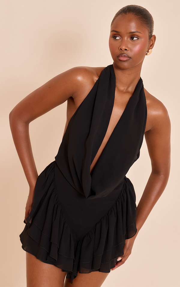Black Chiffon Cowl Neck Frill Romper