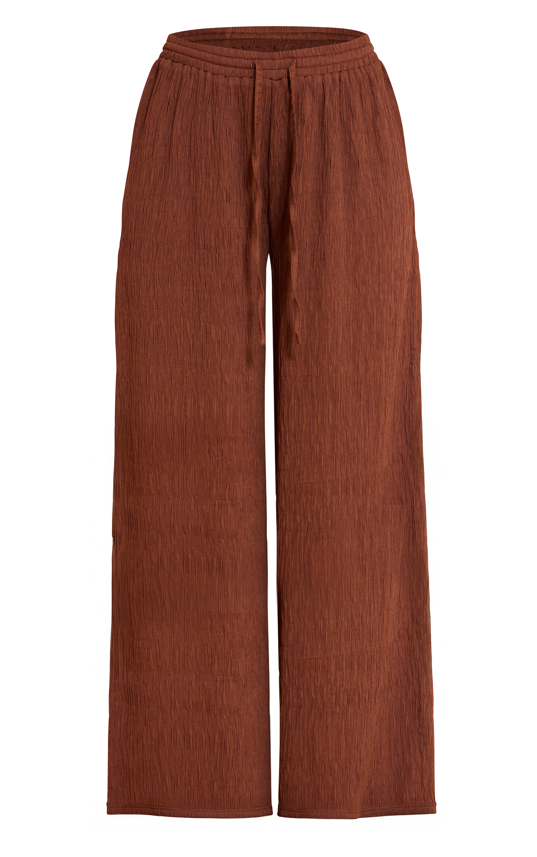 Dark Brown Textured Woven Drawstring Wide Leg Pants image 5