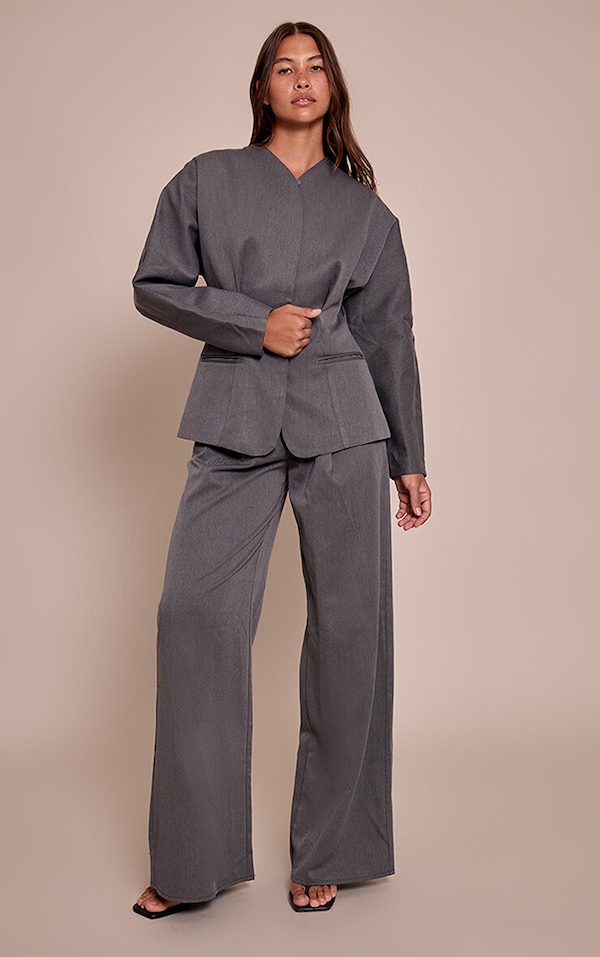 Charcoal Grey Premium Woven Tailored Wide Leg Pleated Pants