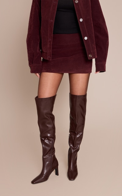 Choc PU Point Toe Block Heeled Fold Over The Knee High Boot