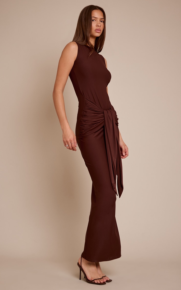 Chocolate Jersey Boat Neck Wrap Detail Maxi Dress image 3