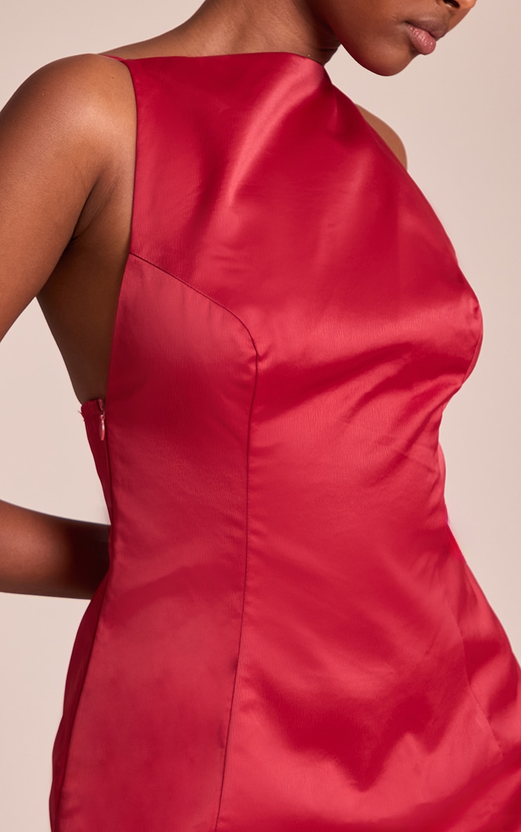 Red Satin Boat Neck Bodycon Mini Dress image 4
