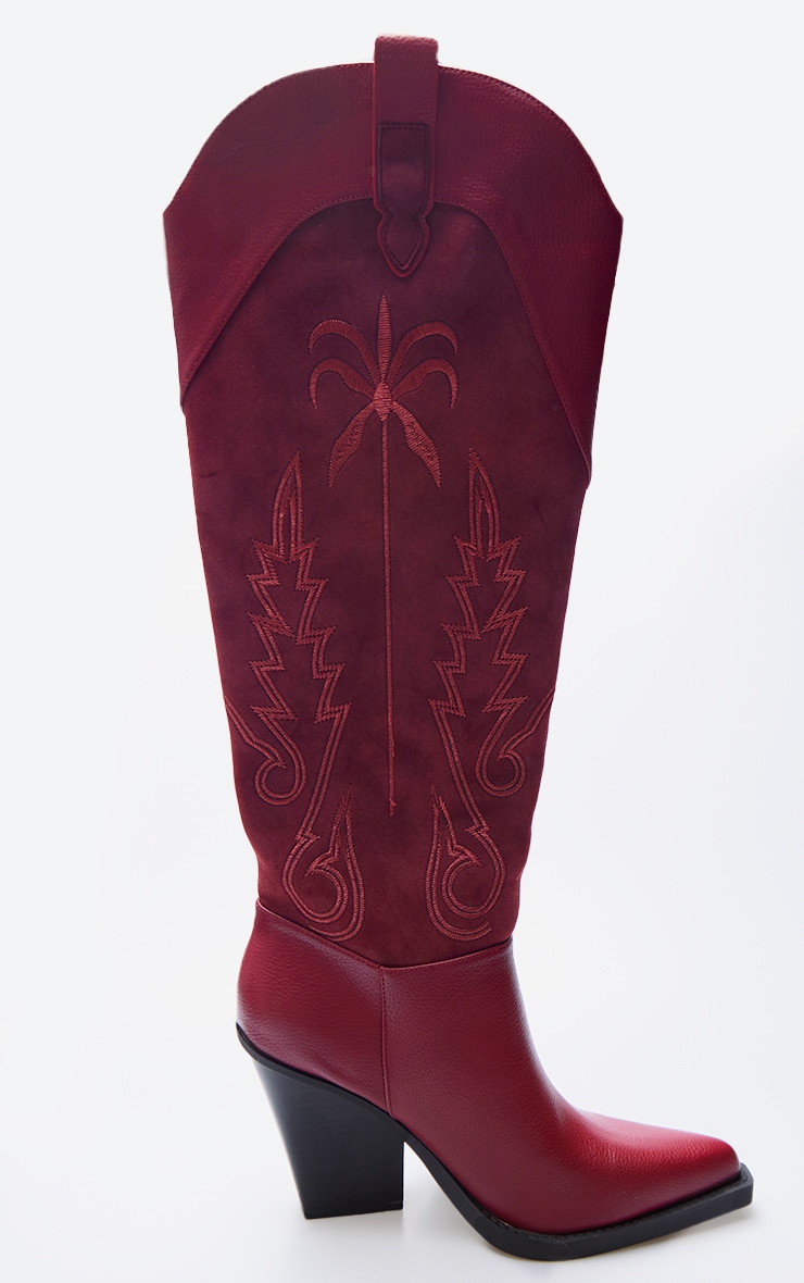 Burgundy Faux Suede Point Toe Knee High Stitch Detail Block Heel Western Boots image 3