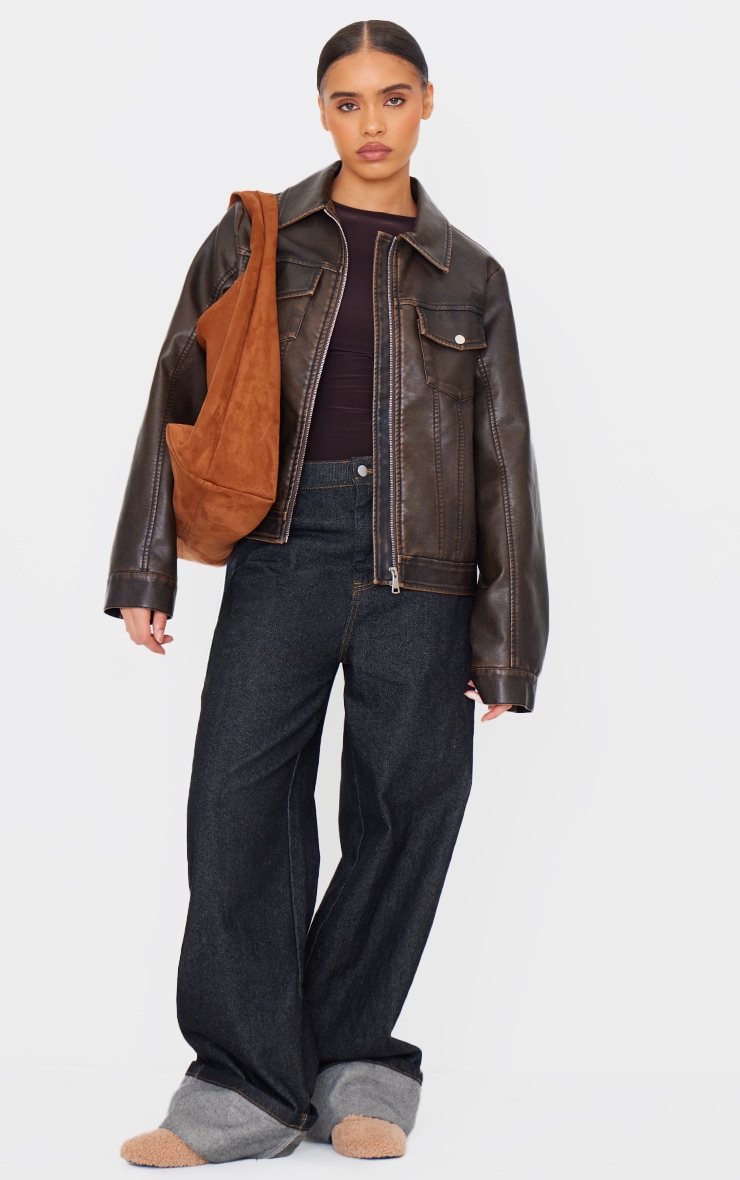 Washed Brown Faux Leather Brushed Seams Biker Jacket image 3