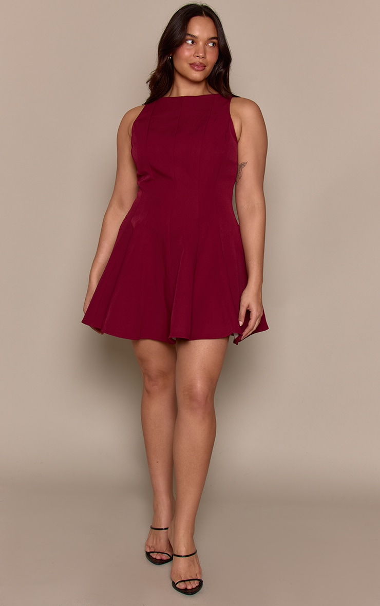 Plus Burgundy Woven Pleated Slash Neck Shift Dress image 3