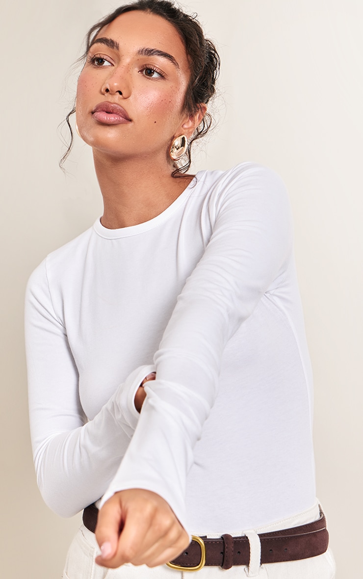 White Cotton Crew Neck Long Sleeve Bodysuit image 4