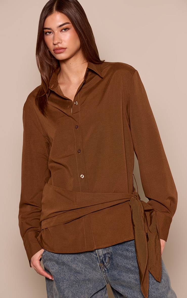 Brown Oversized Wrap Waist Shirt image 1
