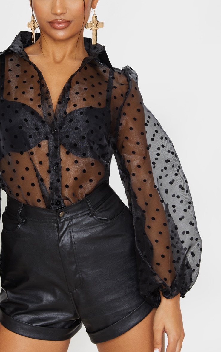 Black Polka Dot Organza Shirt Tops PrettyLittleThing