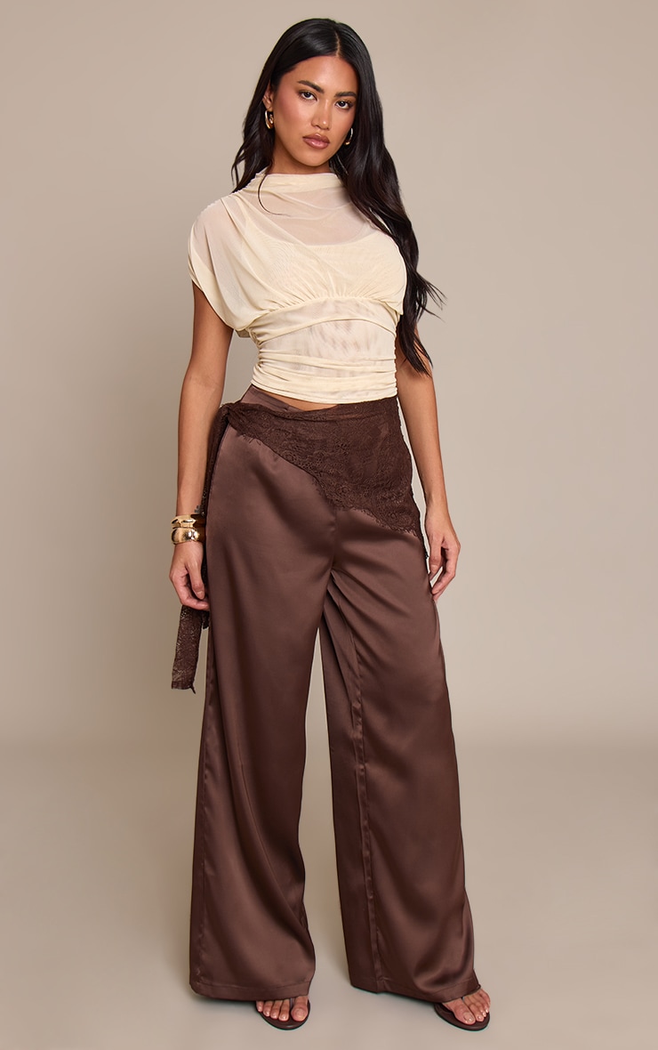Dark Chocolate Lace Wrap Detail Satin Wide Leg Pants image 1