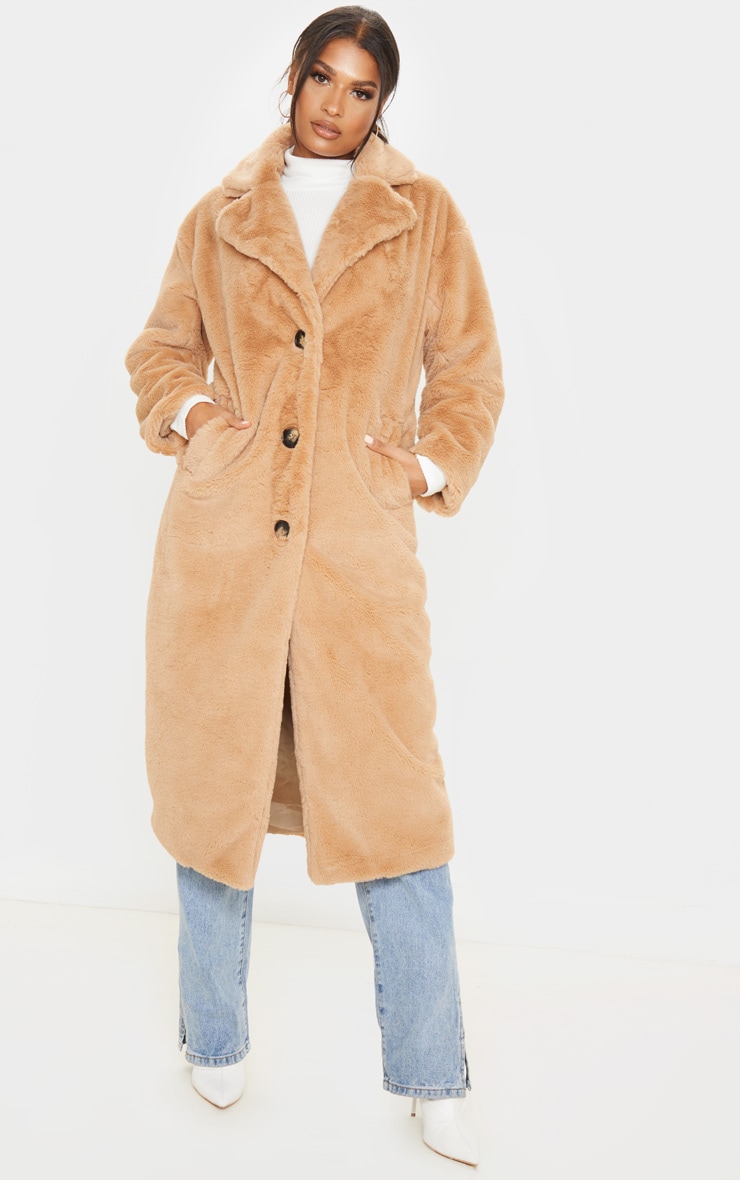 Taupe Maxi Faux Fur Button Front Coat image 1