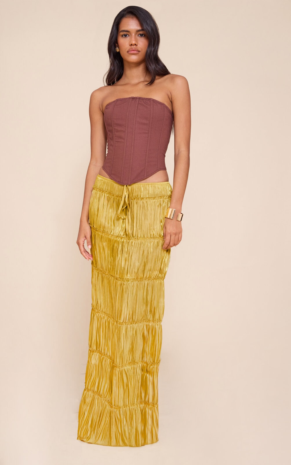 Chartreuse Drawstring Frill Tiered Maxi Skirt image 1