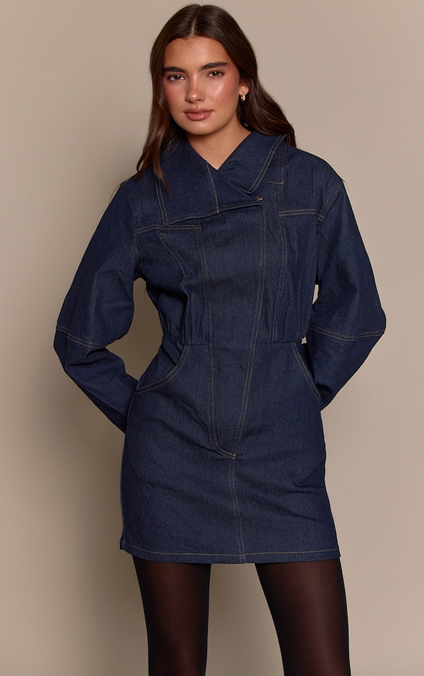Indigo Twill Contrast Stitching Bodycon Dress