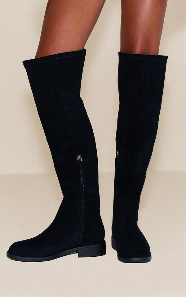 Wide Fit Black Faux Suede Round Toe Riding Knee High Boot