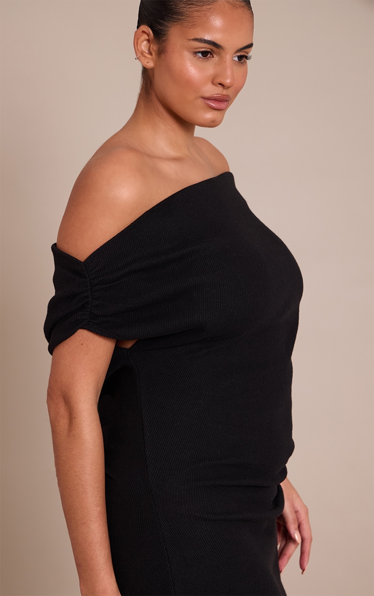 Plus Black Brushed Rib Asymmetric Ruched Detail Maxi Dress image 4