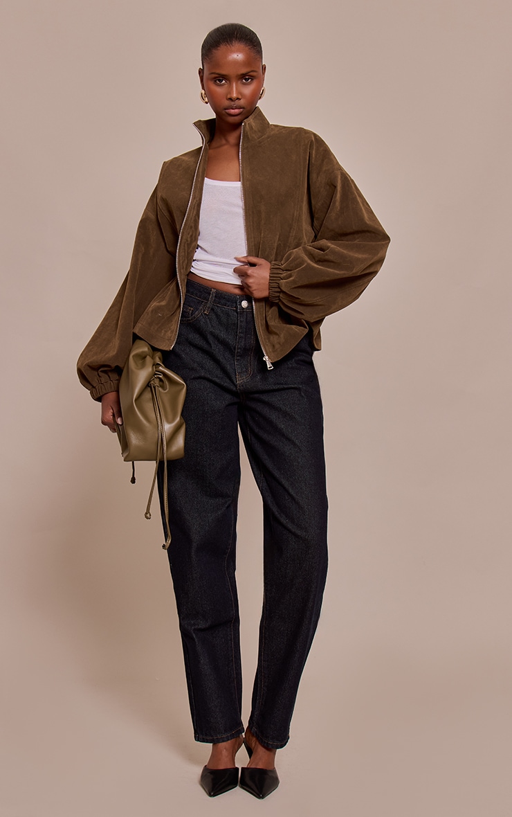 Khaki Cinched Waist Suede Jacket image 3
