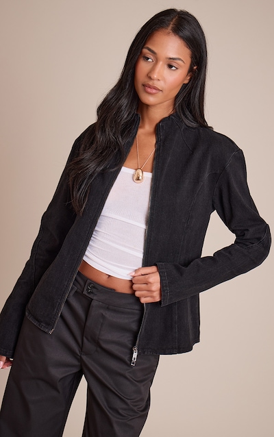 Tall Washed Black Seam Detail High Neck Fitted Jacket