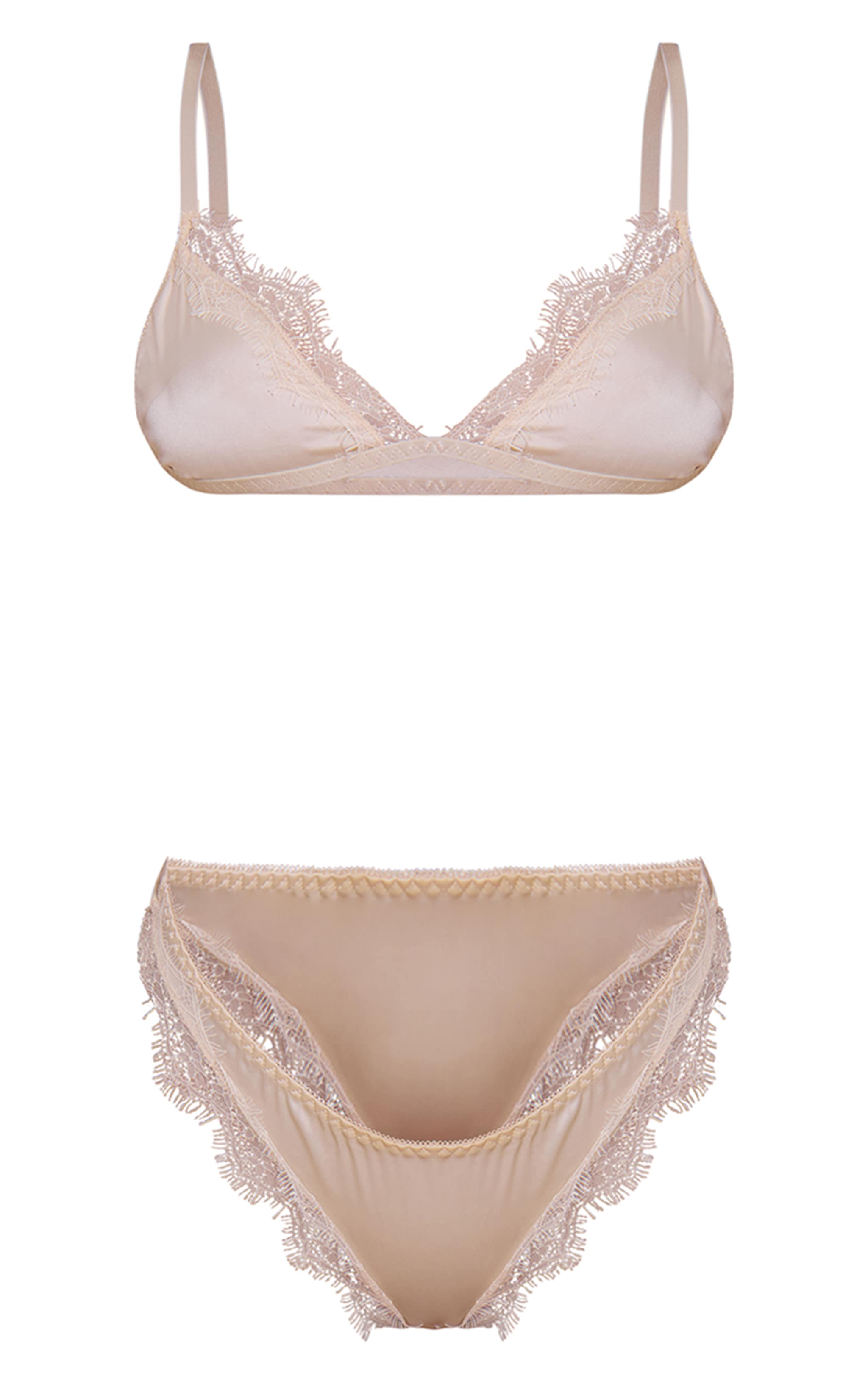 Cream Satin Lace Trim Triangle Bra Thong Lingerie Set image 5