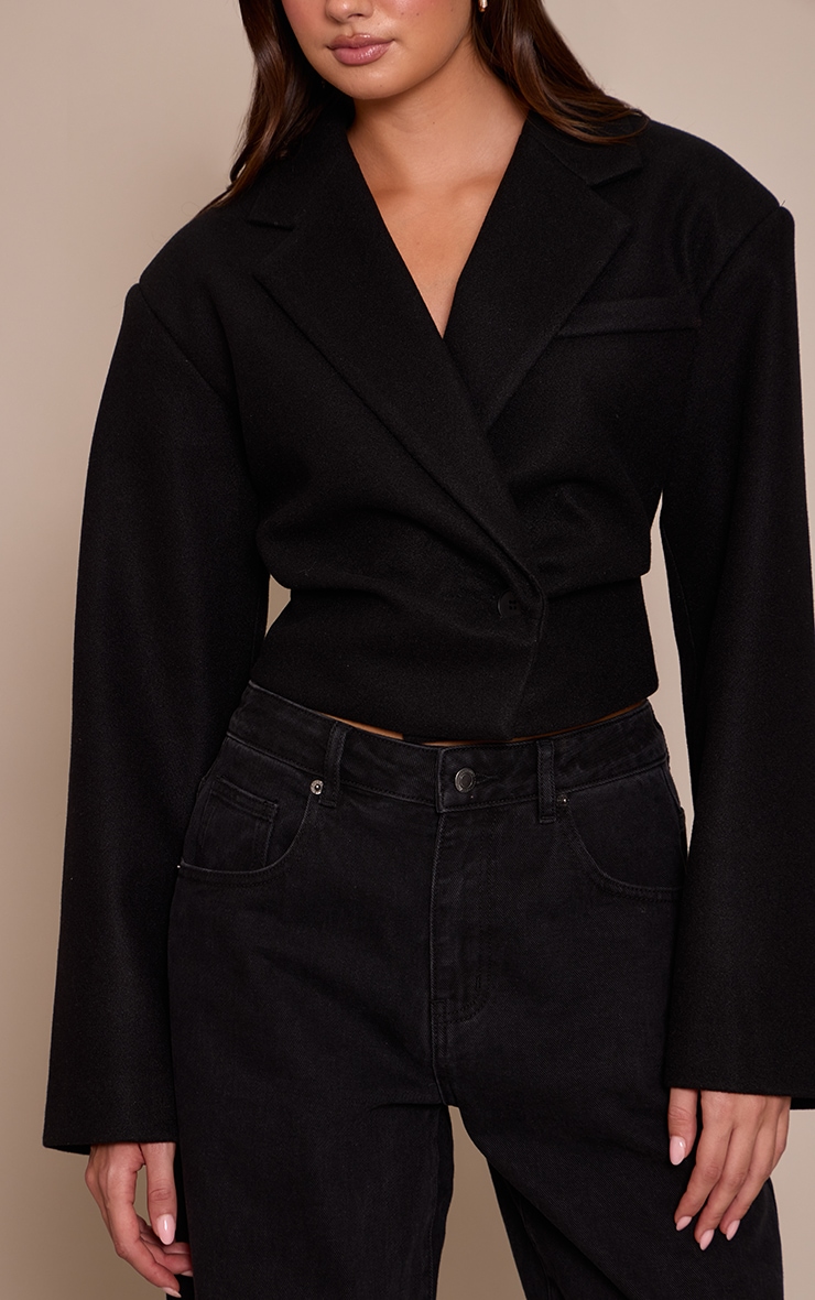 Black Cropped Wool Look Cinch Blazer image 4
