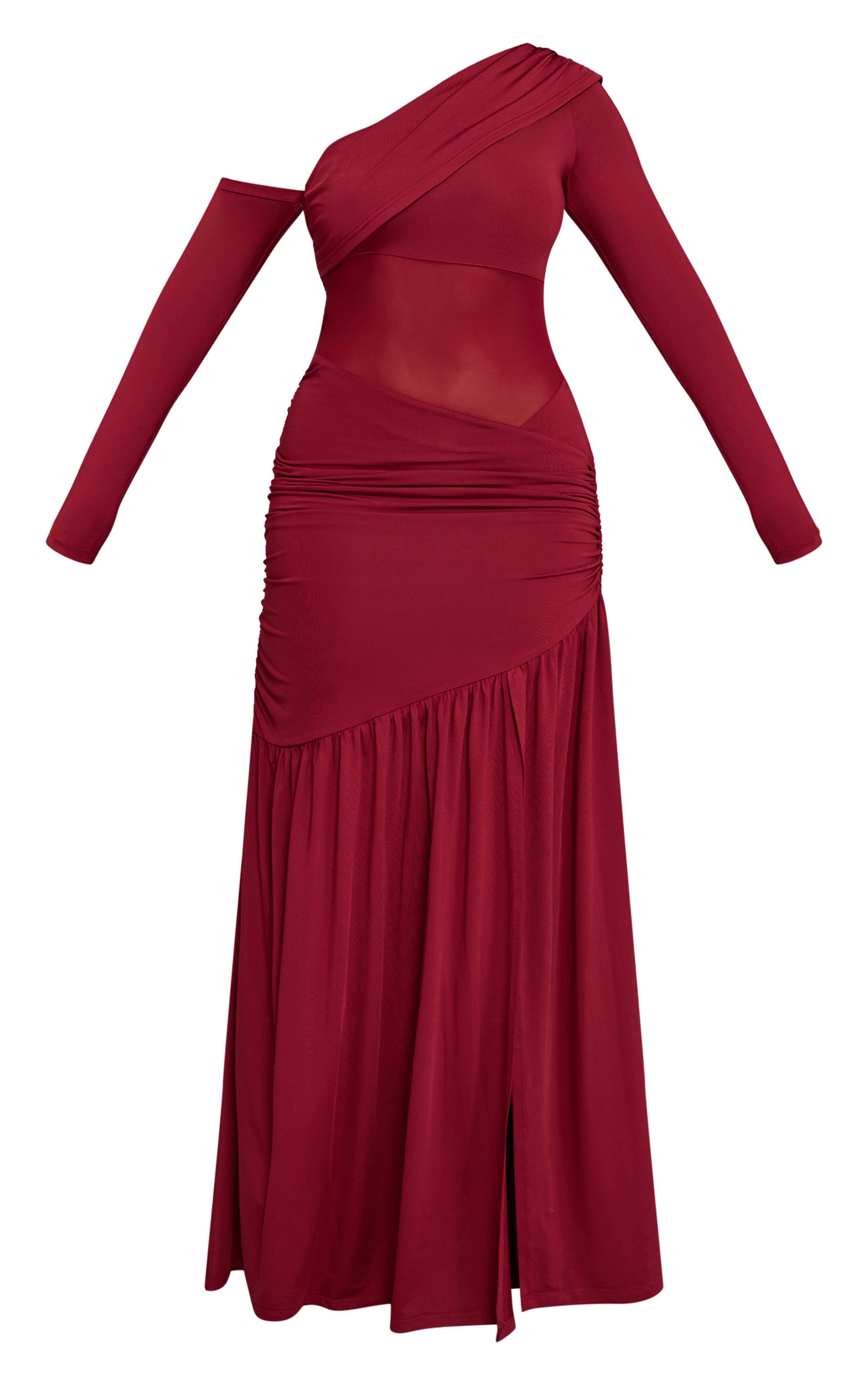Shape Burgundy Mesh Detail Bardot Asym Maxi Dress image 5