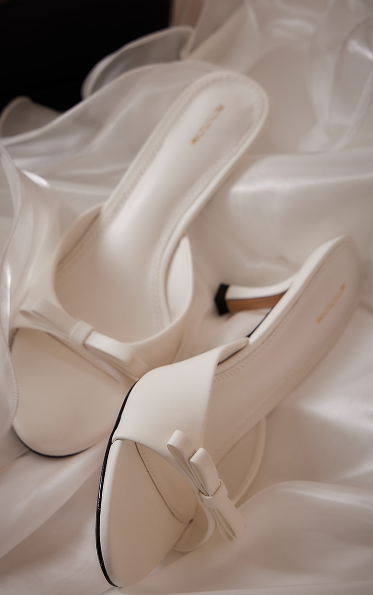 White Satin Round Toe Bow Strap Low Heel Mules image 3