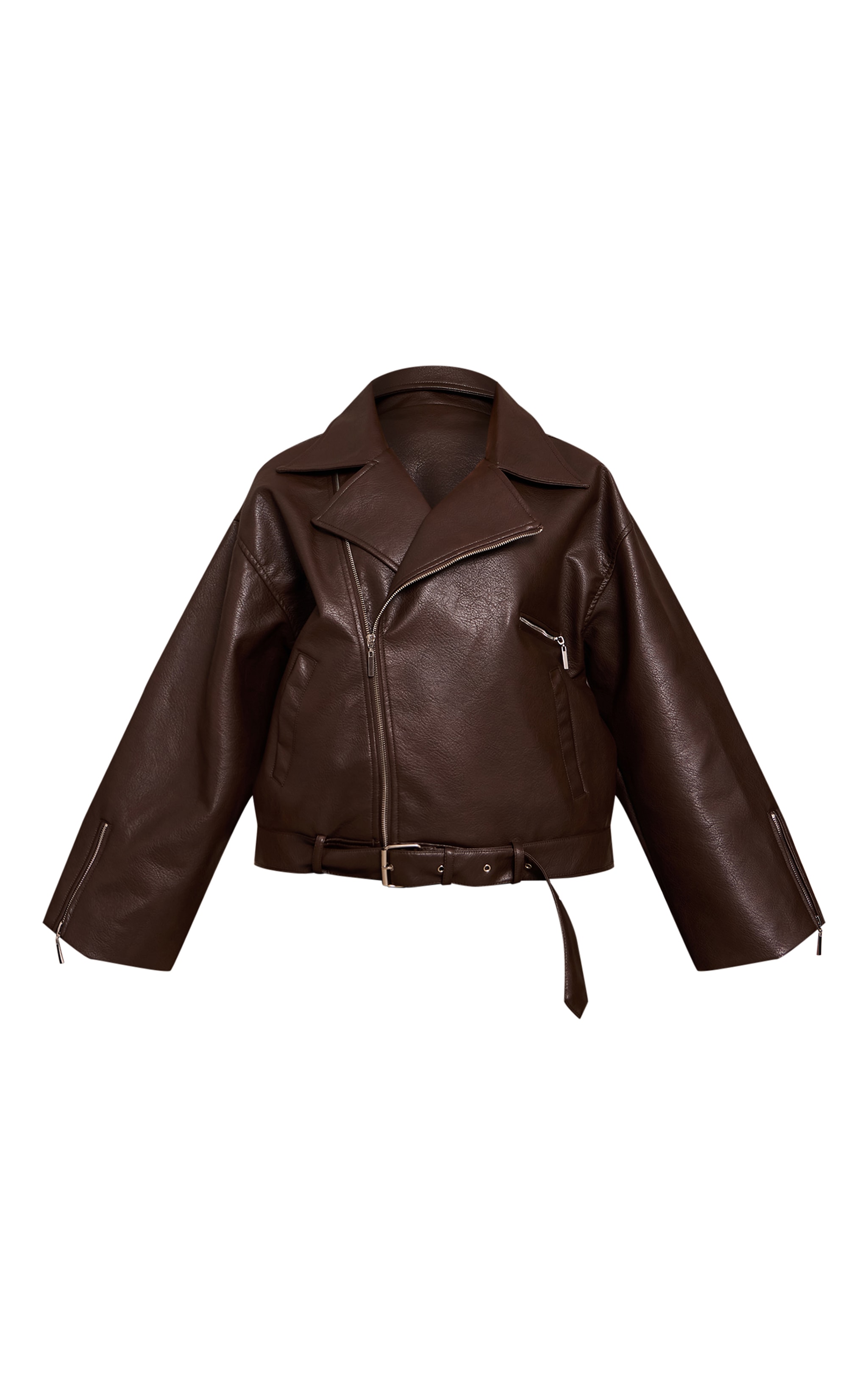 Plus Brown Faux Leather Oversized Biker Jacket image 5