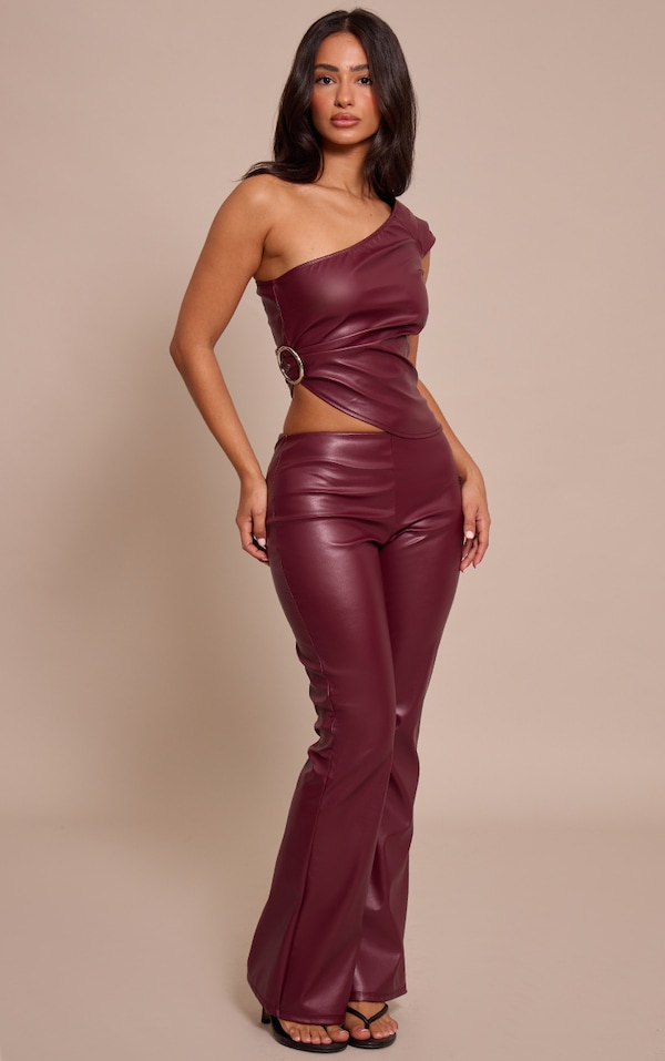 Petite Wine Faux Leather Fitted Flared Pants
