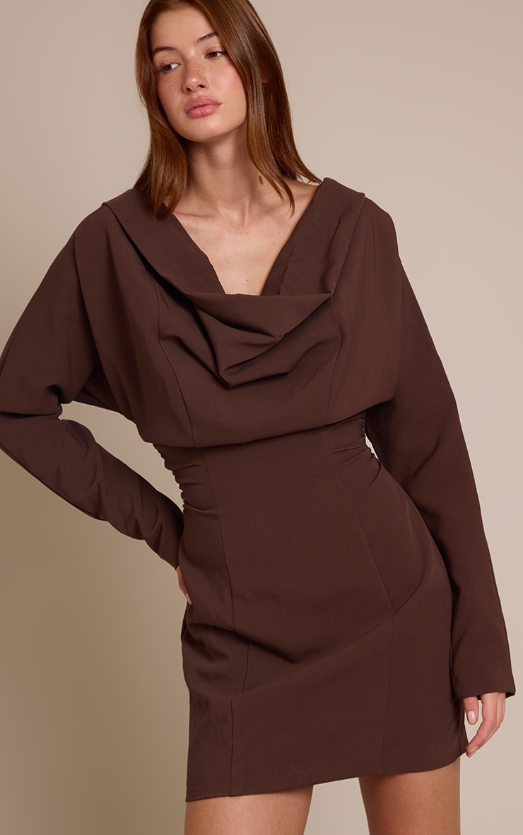 Chocolate Woven Cowl Neck Tailored Dress image 4