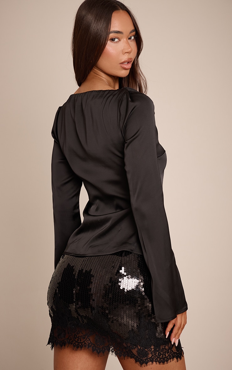 Black Satin Boatneck Long Sleeve Top image 2