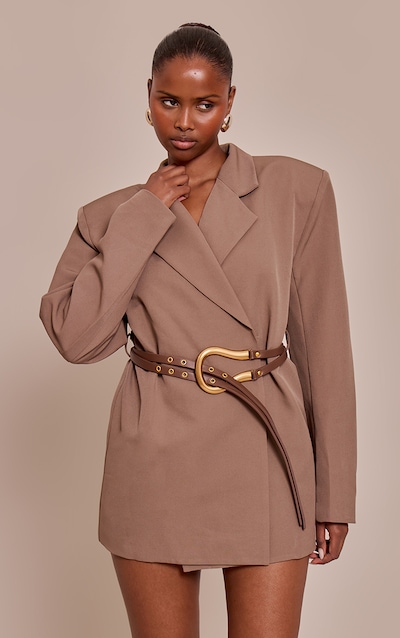 Robe blazer tissée chocolat à ceinture