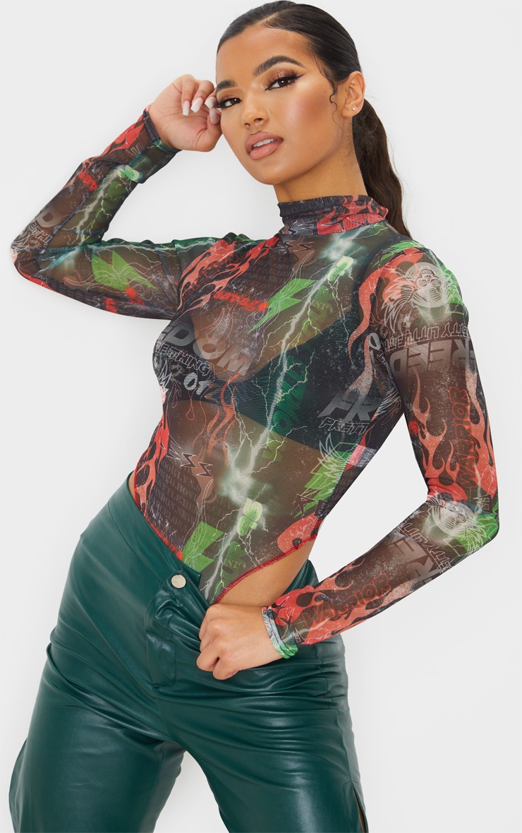 PRETTYLITTLETHING - Body échancré en mesh multicolore à col montant