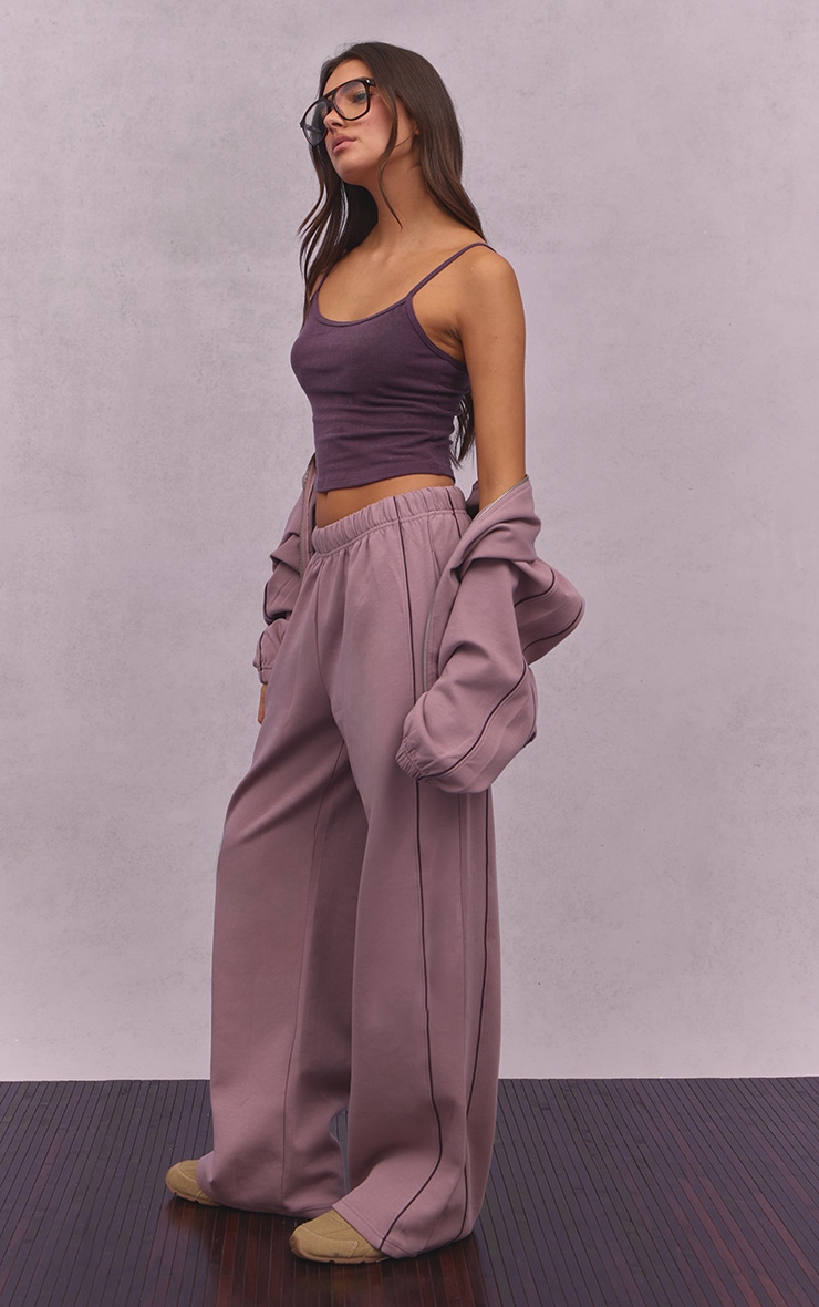Mauve Interlock Contrast Piping Wide Leg Sweatpants image 2