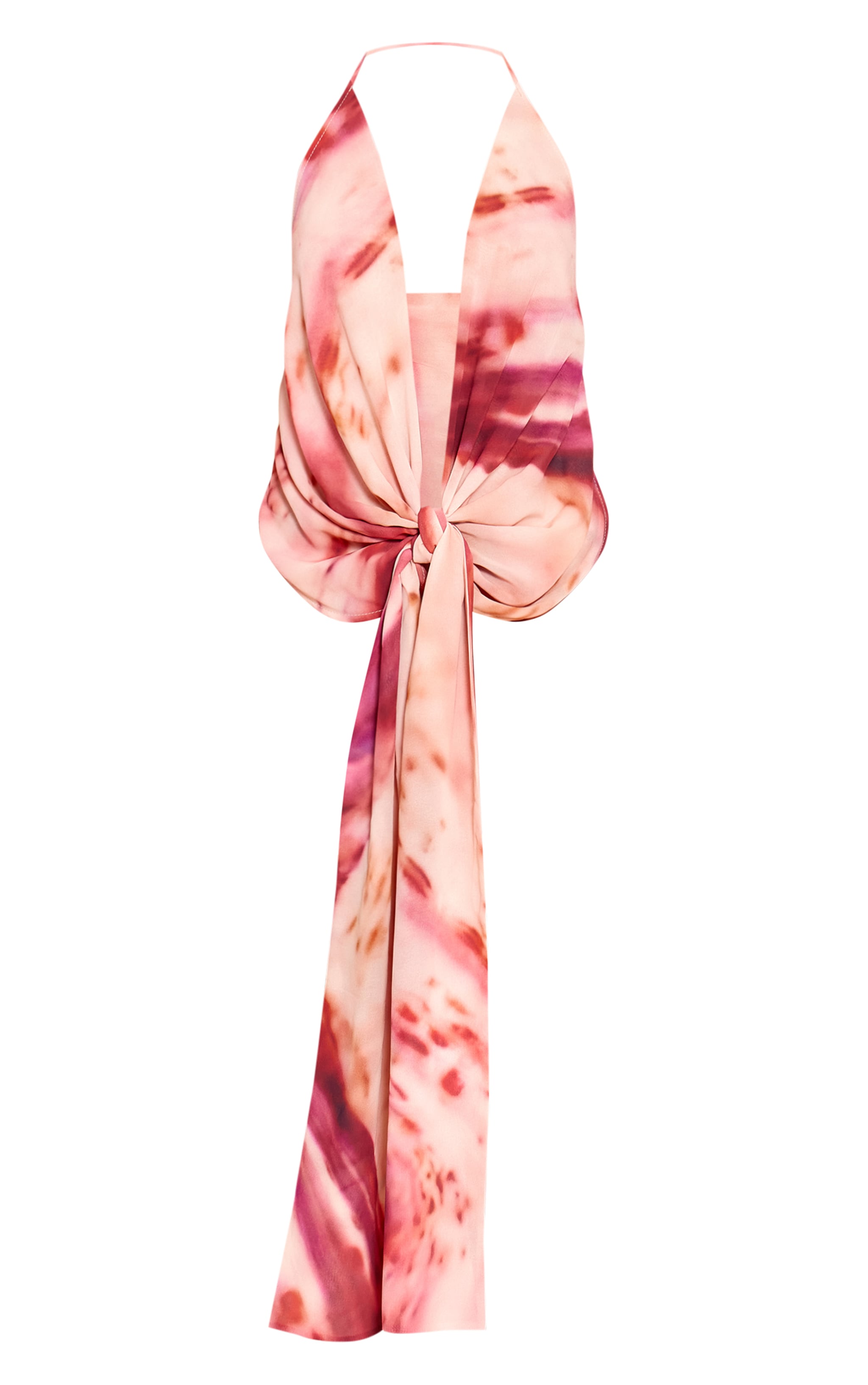 Pink Abstract Print Chiffon Draped Tie Detail Halter Neck Long Top image 5