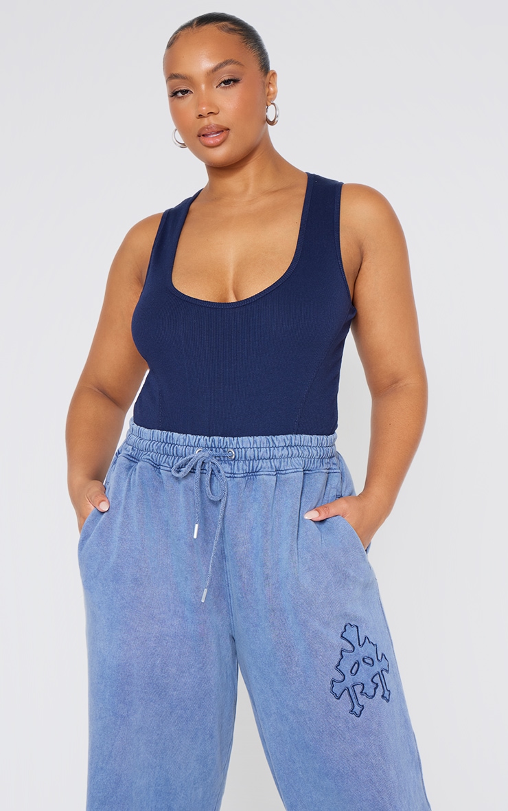 Plus Charcoal Blue Ribbed Seam Detail Bodysuit image 3