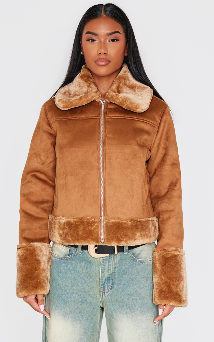 Camel Faux Fur Trim Faux Suede Jacket image 1