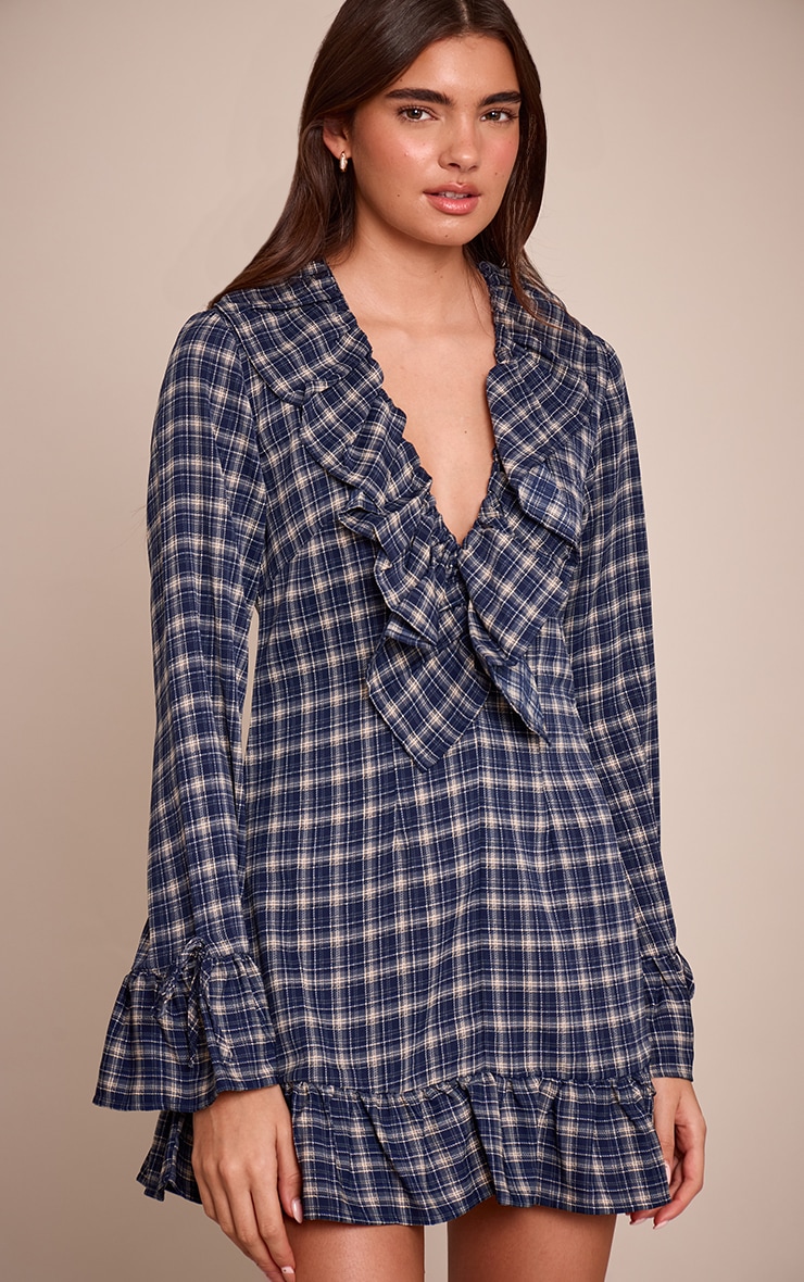 Navy Check Frill Long Sleeve Shift Mini Dress image 1