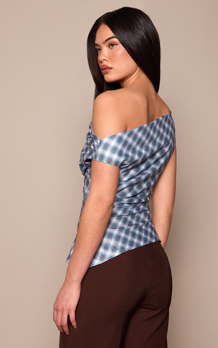 Blue Check Asymmetric Neck Drape Top  image 2