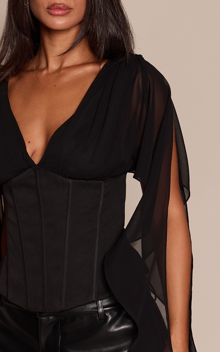 Petite Black Corset Waist Chiffon Drape Sleeve Top image 4