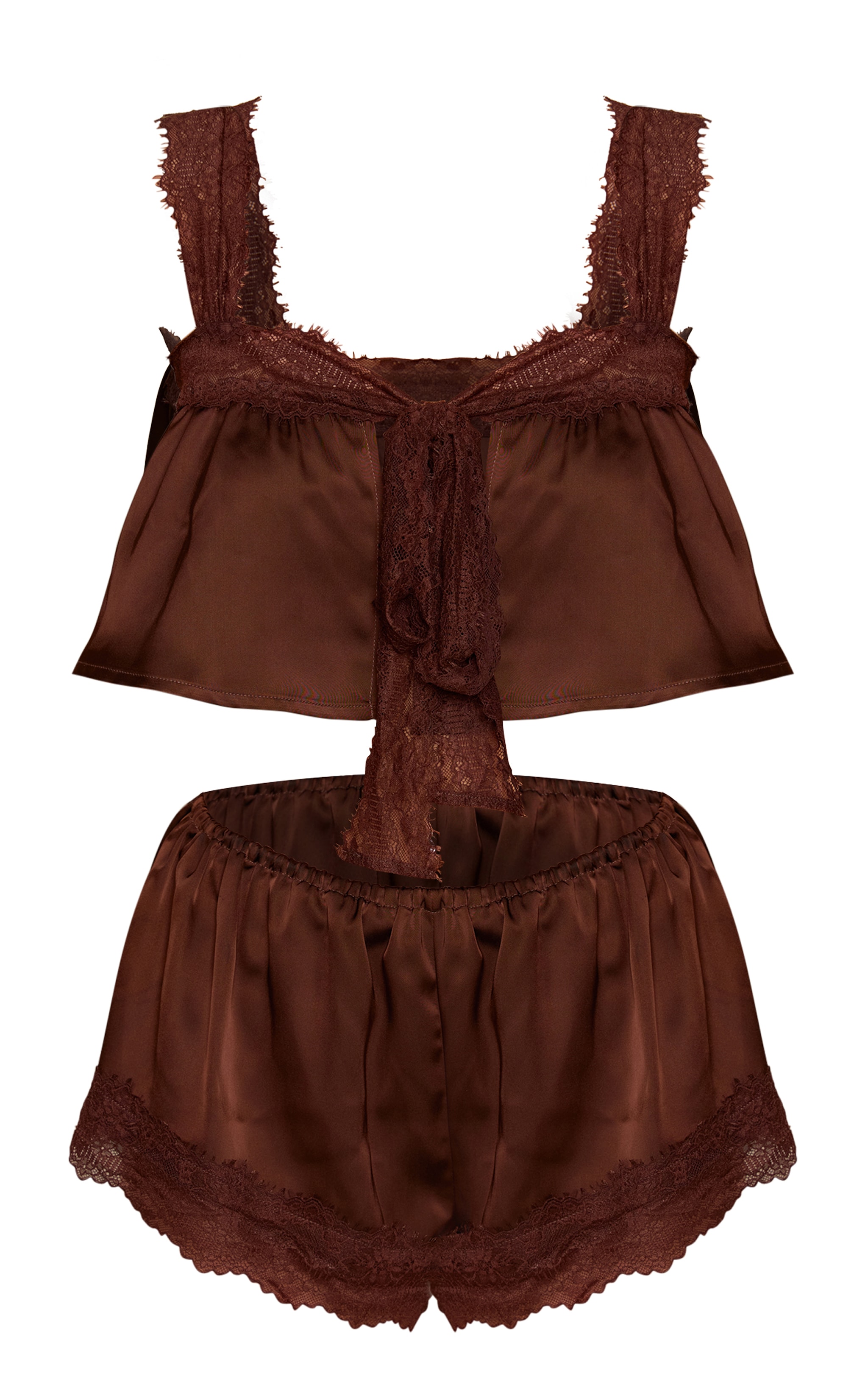 Chocolate Satin Lace Up Front Flowy Pajama Cami & Shorts image 5