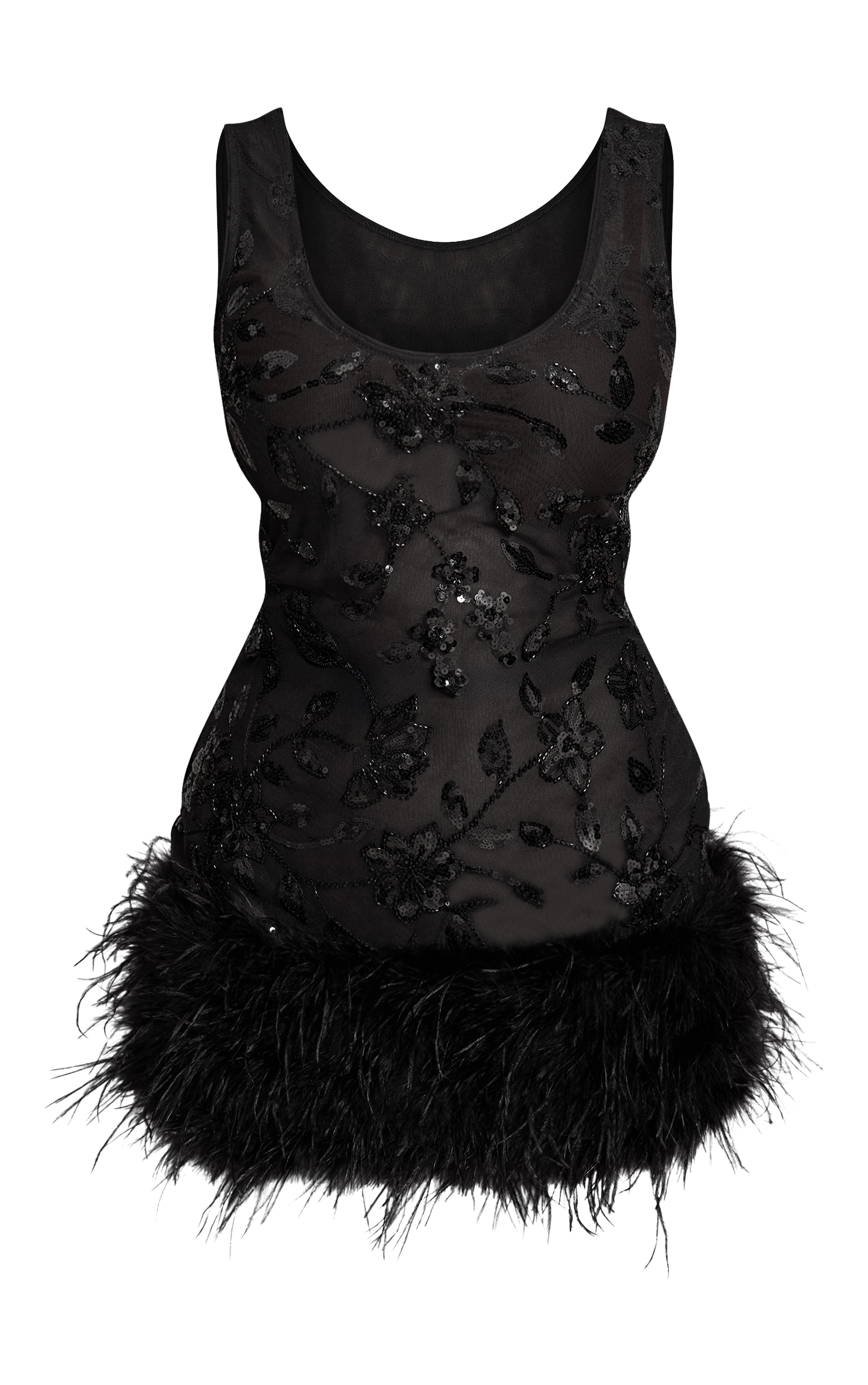 Shape Mini robe noire transparente fleurie à sequins et bordure plumes image 5