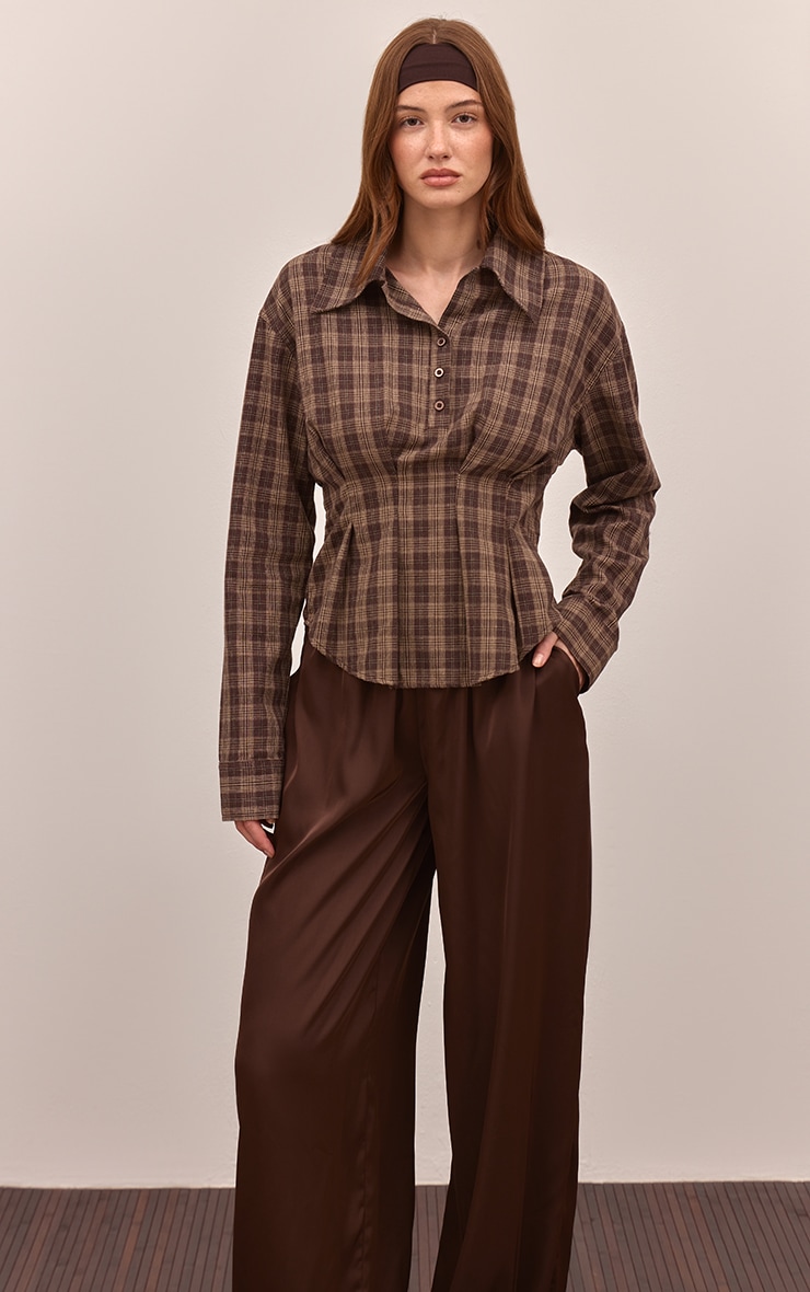 Brown Check Pleated Cinched Waist Shirt
