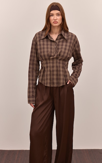 Brown Check Pleated Cinched Waist Shirt