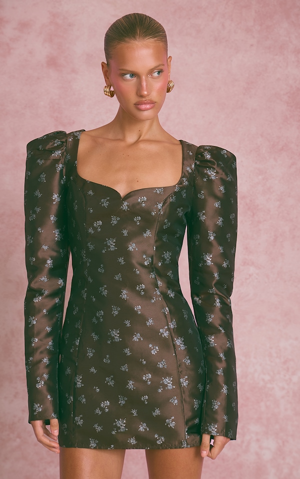 Brown Ditsy Floral Jacquard Puff Sleeve Corset Mini Dress