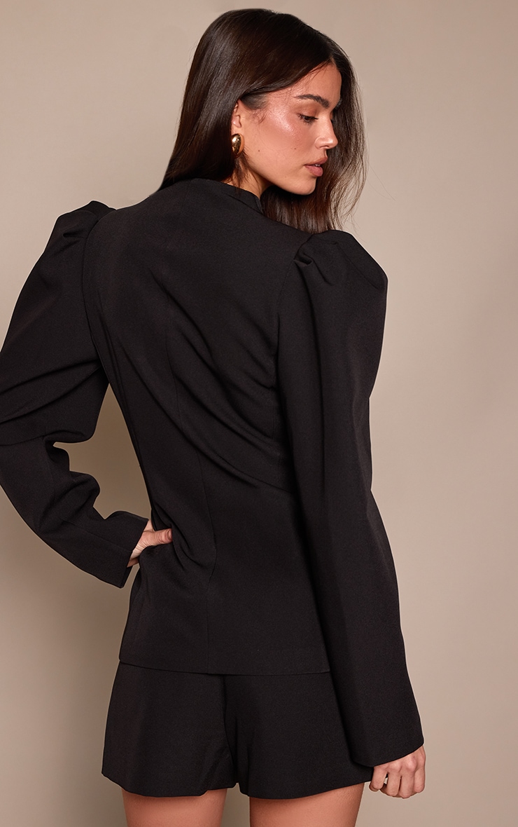Black Gathered Sleeve Cinched Blazer image 2