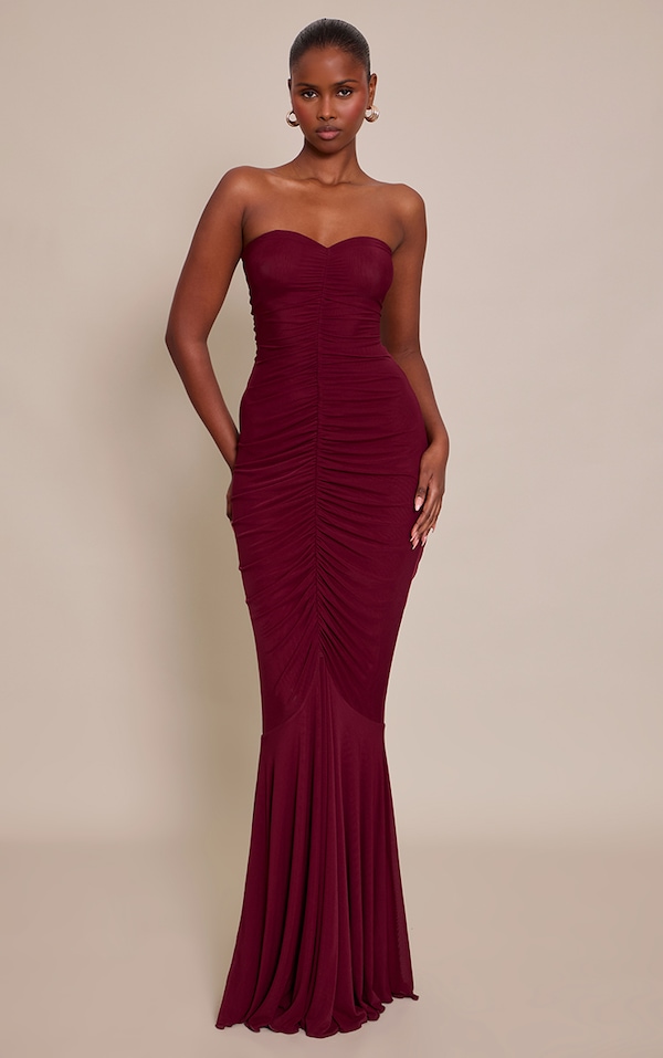 Plum Mesh Bandeau Ruched Detail Maxi Dress